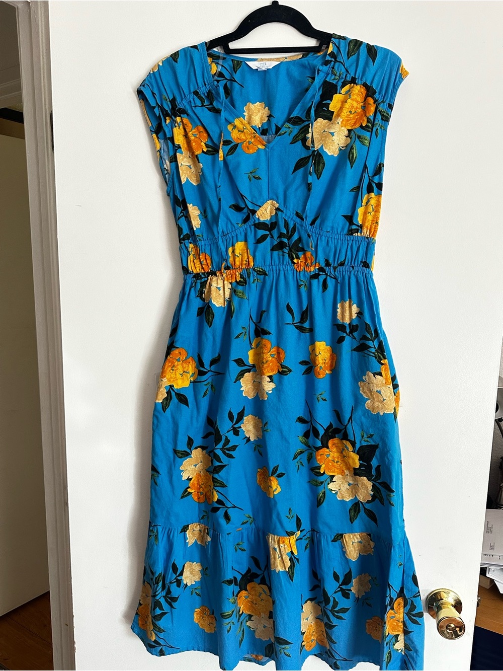 Time and Tru Bright Blue Midi Dress with Yellow Floral Print